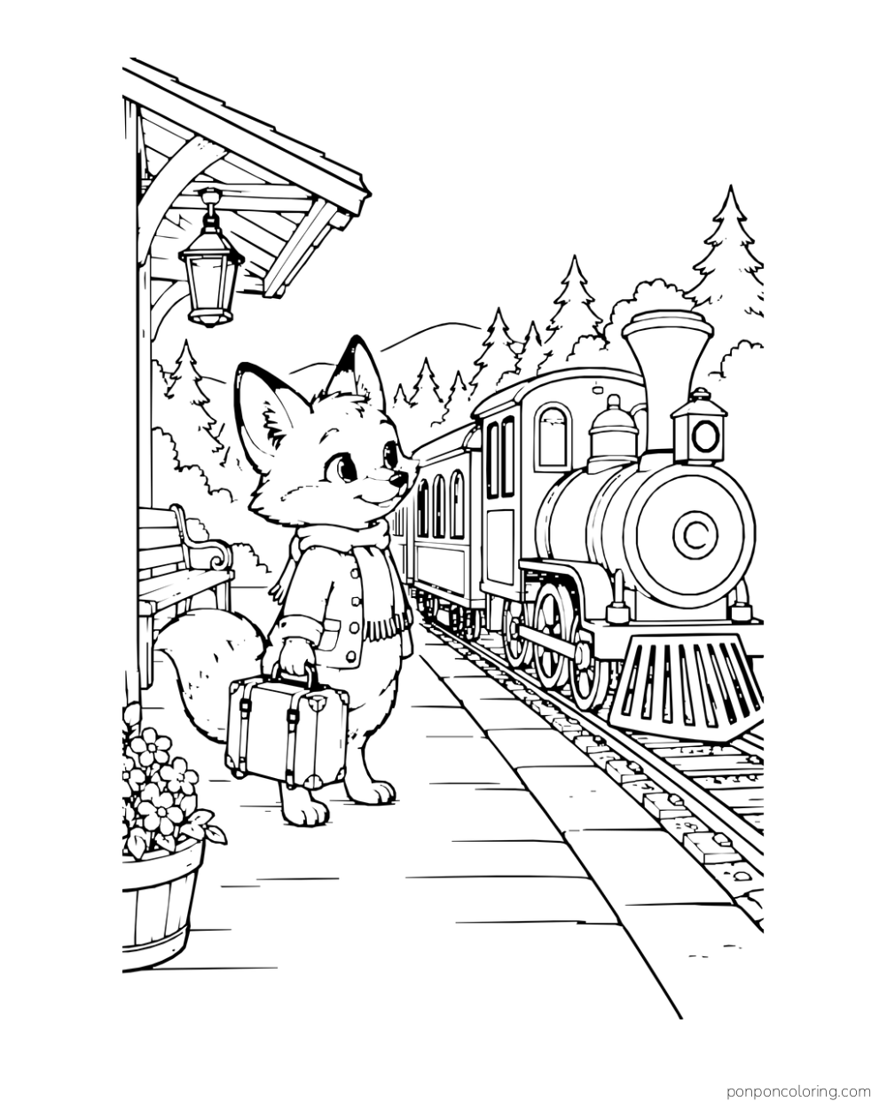 A fox waits with a suitcase beside a little steam train at a woodland station.