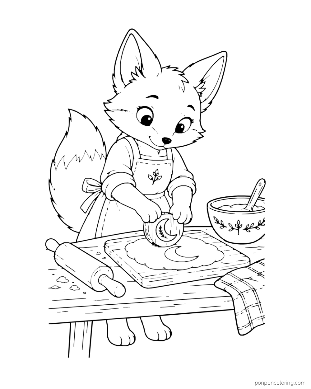 A fox presses a moon-shaped cookie mold into dough on a board.