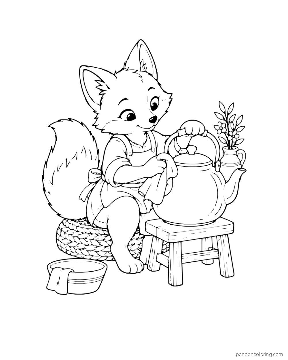 A seated fox polishes a rounded kettle with a cloth.
