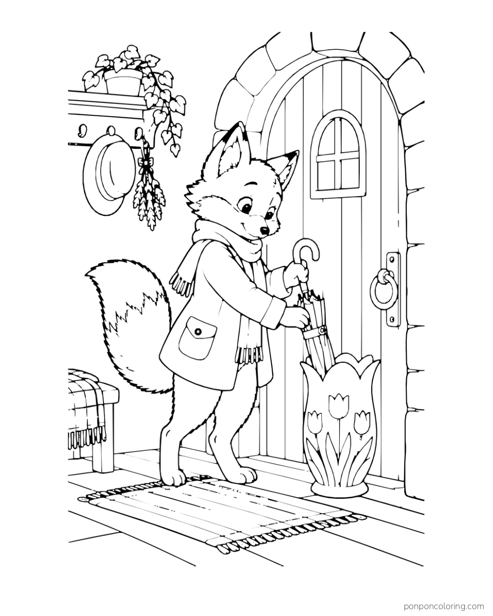 A fox puts a closed umbrella into a tulip-shaped stand beside a cottage door.