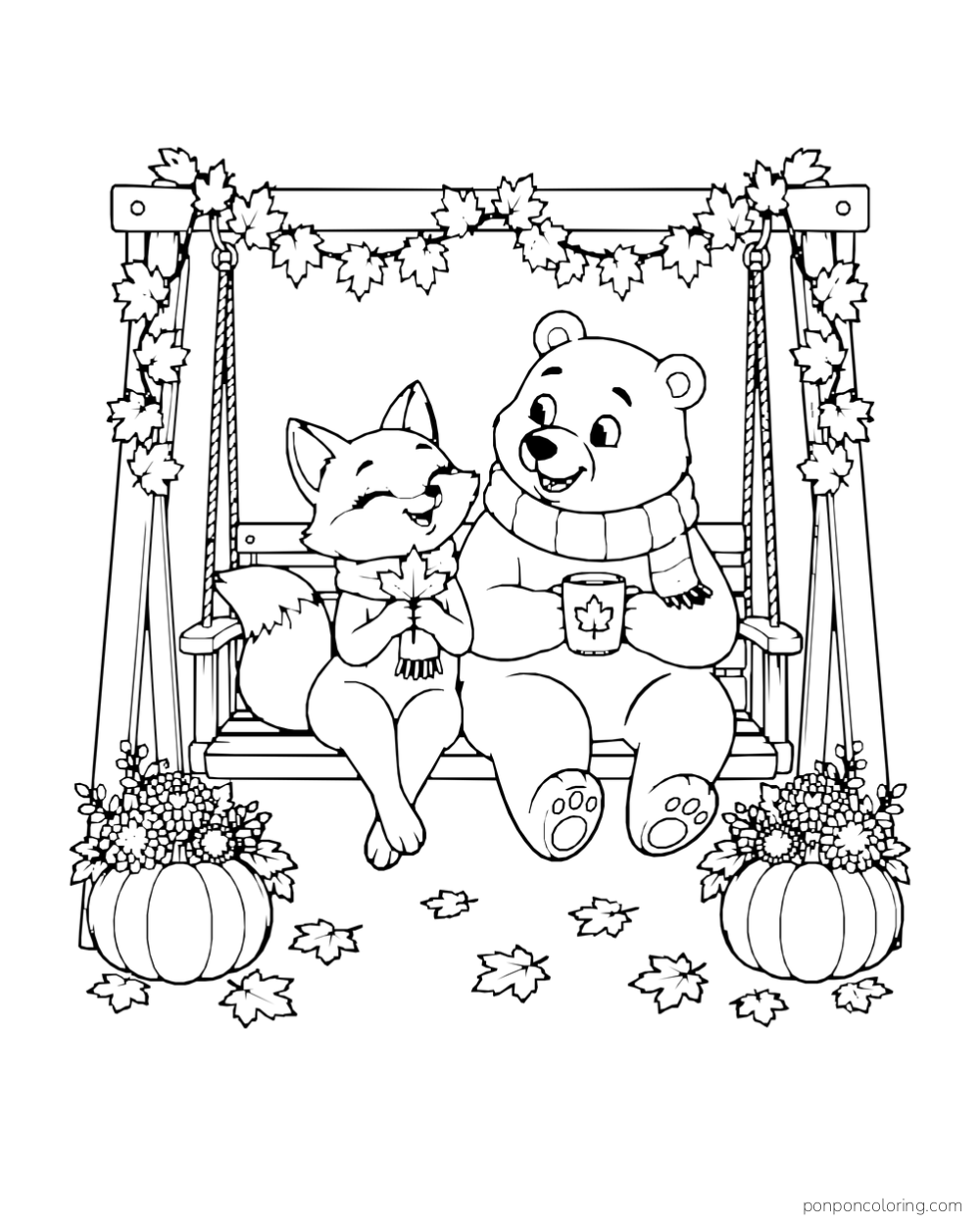 A fox and bear share a garden swing decorated with leaves and pumpkin planters.