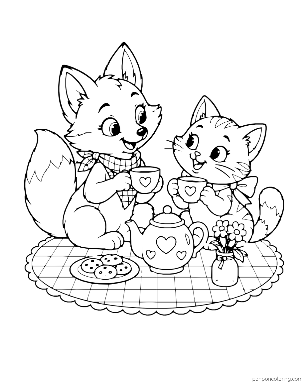 A fox and kitten drink from heart cups on a checked picnic blanket with a teapot, cookies, and flowers.