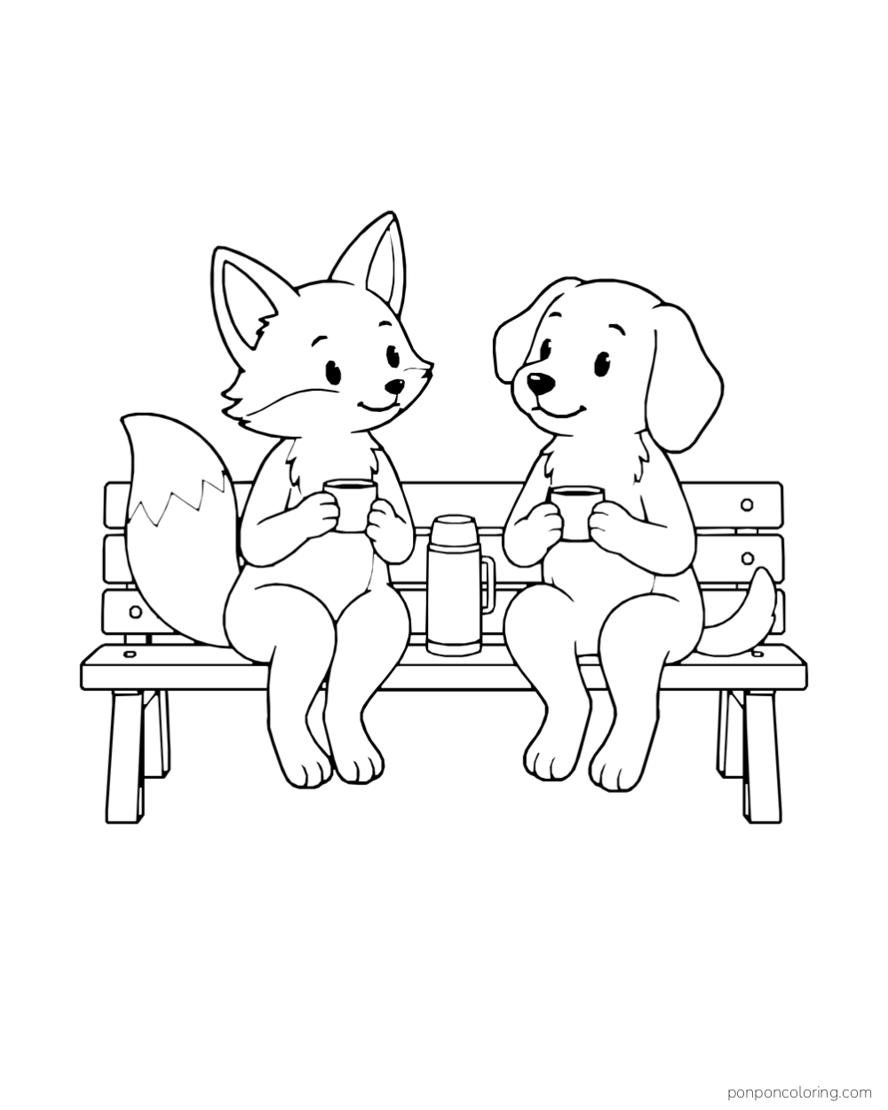 A fox and puppy hold cups beside a thermos on a wooden bench.