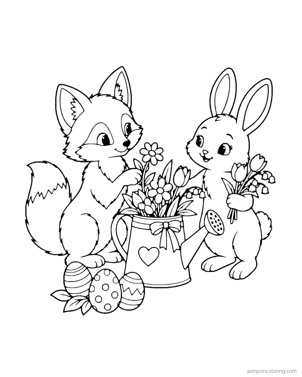A fox and rabbit arrange tulips, daisies and bell-shaped flowers in a ribboned watering can beside Easter eggs.