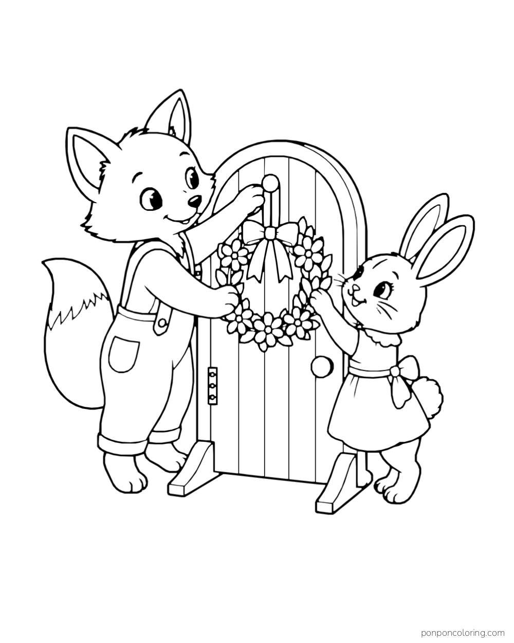 A fox and rabbit hang a flower-and-leaf wreath with a ribbon on a rounded wooden door.