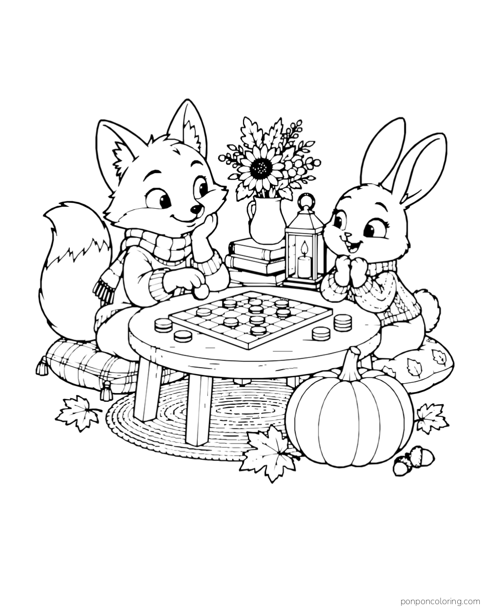 A fox and rabbit play a board game at a low table beside a pumpkin and flowers.