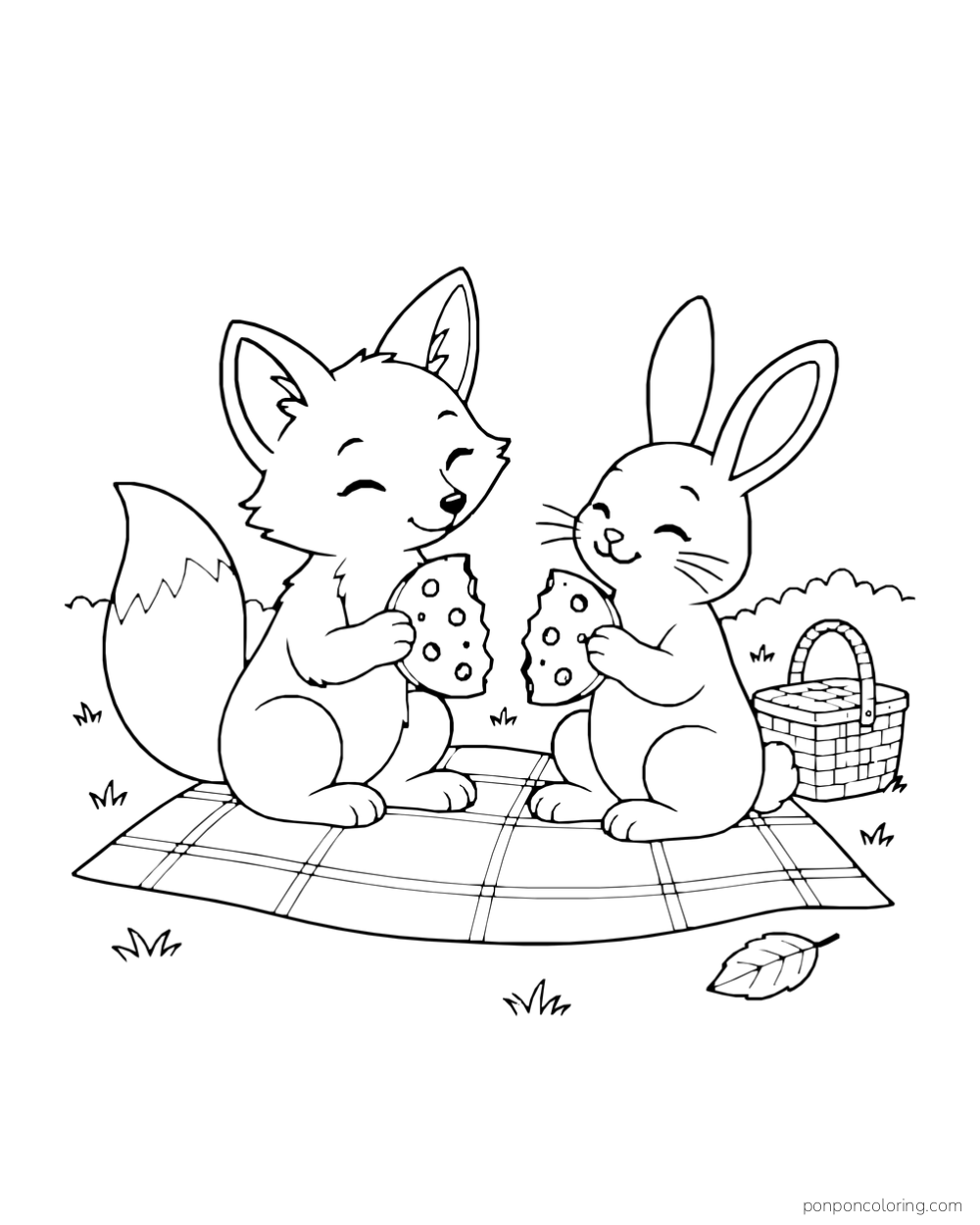 A fox and rabbit sit on a picnic blanket holding two halves of a round cookie.