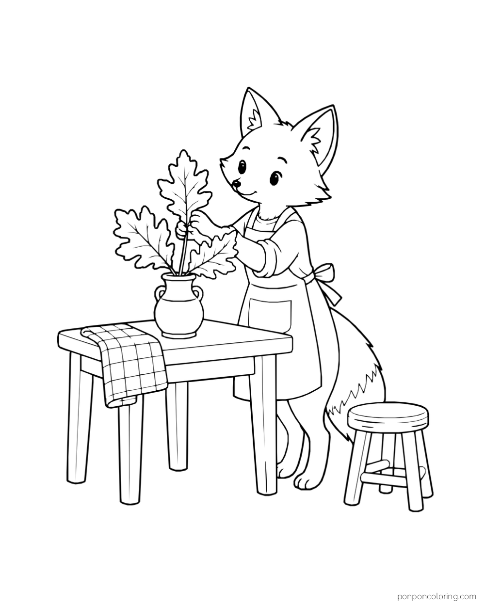 A fox in an apron puts oak leaves into a vase on a table beside a folded cloth.