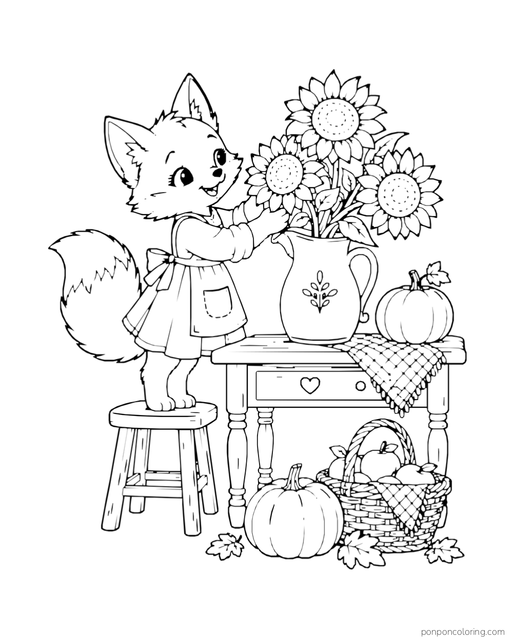 A fox on a stool arranges sunflowers in a jug beside a basket of pumpkins.