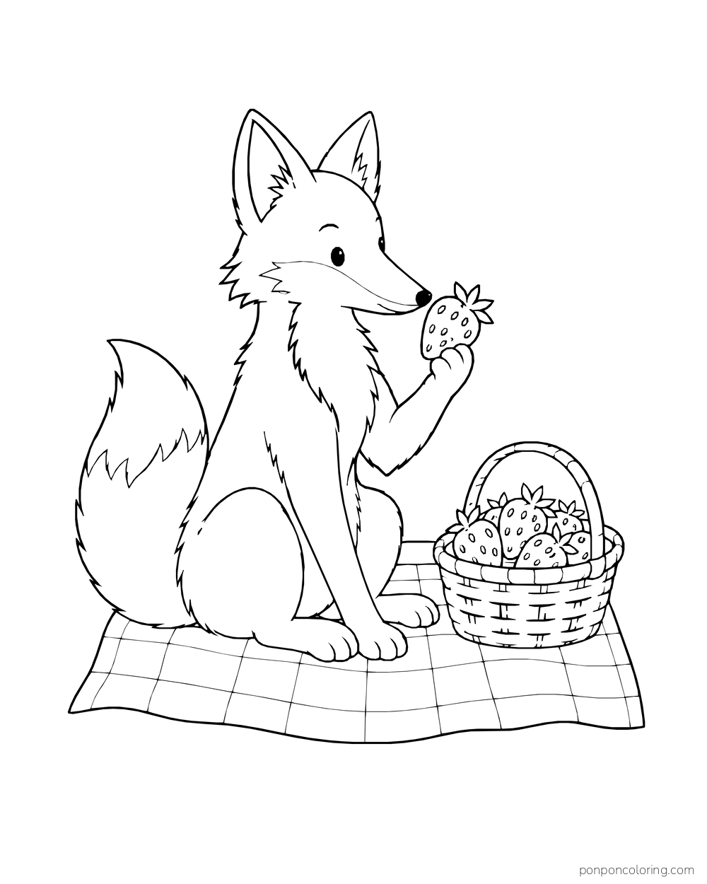 A fox sits on a checkered picnic cloth holding a strawberry beside a basket of berries.