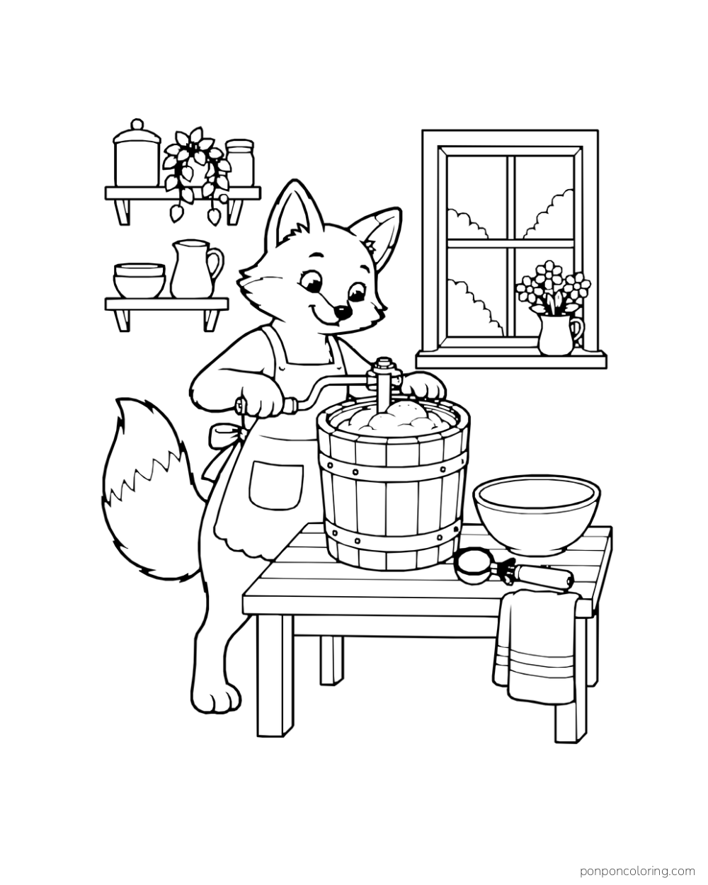 A fox in an apron turns the crank on an open ice cream churn beside a bowl and scoop on a complete kitchen table.
