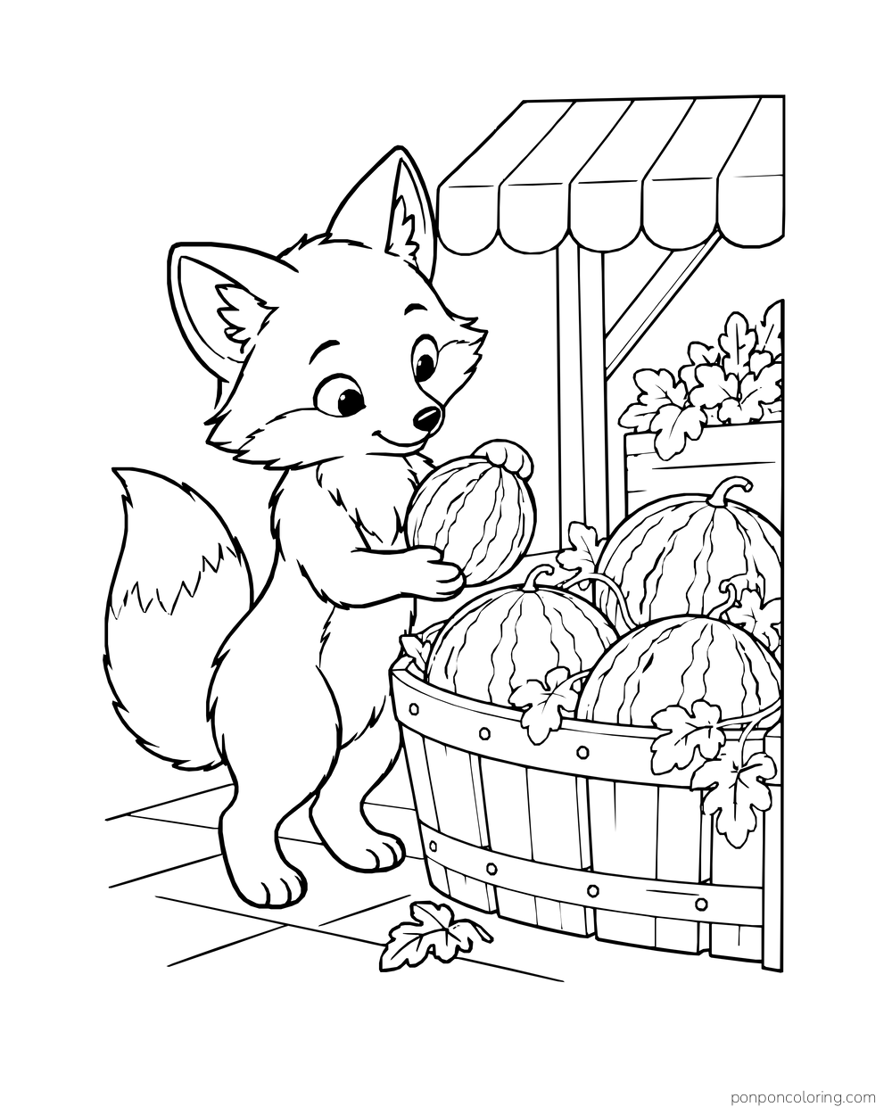 A fox holding a small watermelon beside a basket of melons under a market awning.