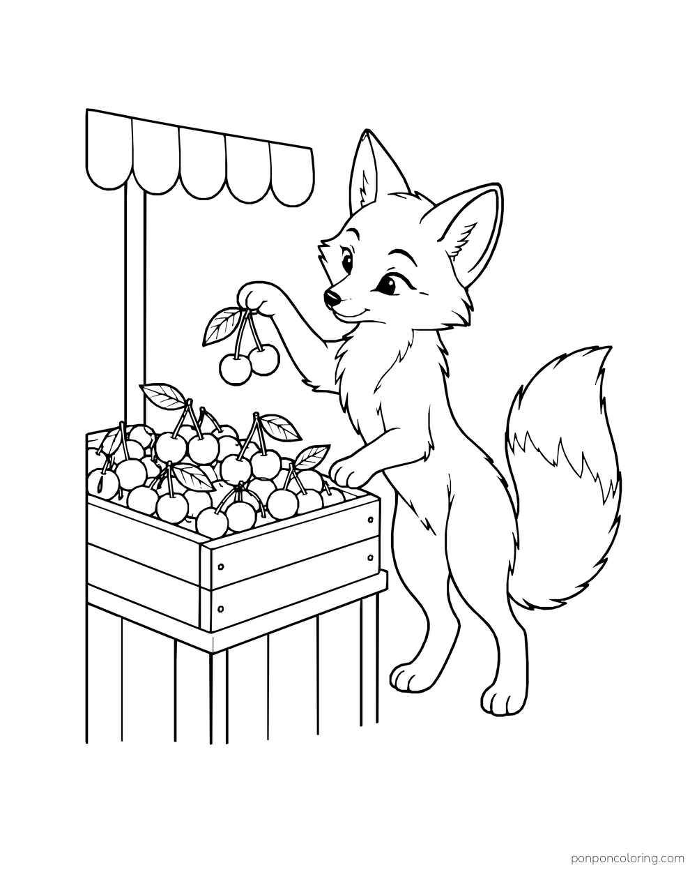 A fox stands at a small market stand and lifts a pair of cherries from a crate.