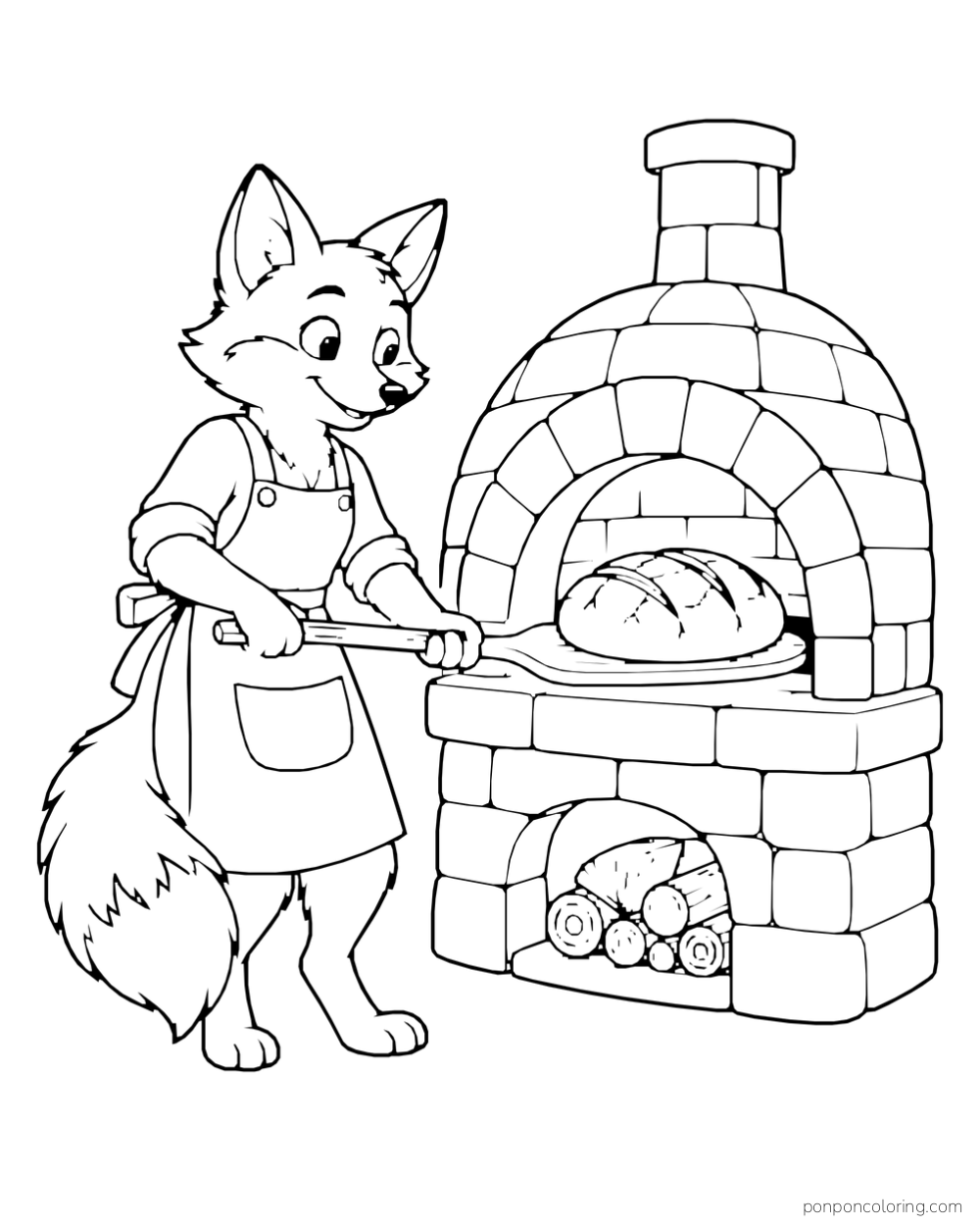 A fox in an apron uses a peel to tend a round loaf in a brick oven with firewood below.