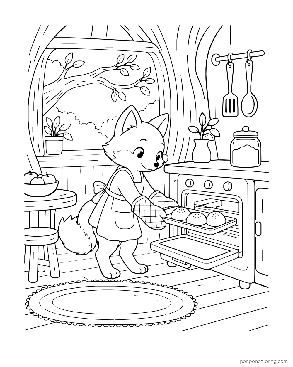 A fox wearing oven mitts pulls a tray of buns from the oven inside a treehouse kitchen.