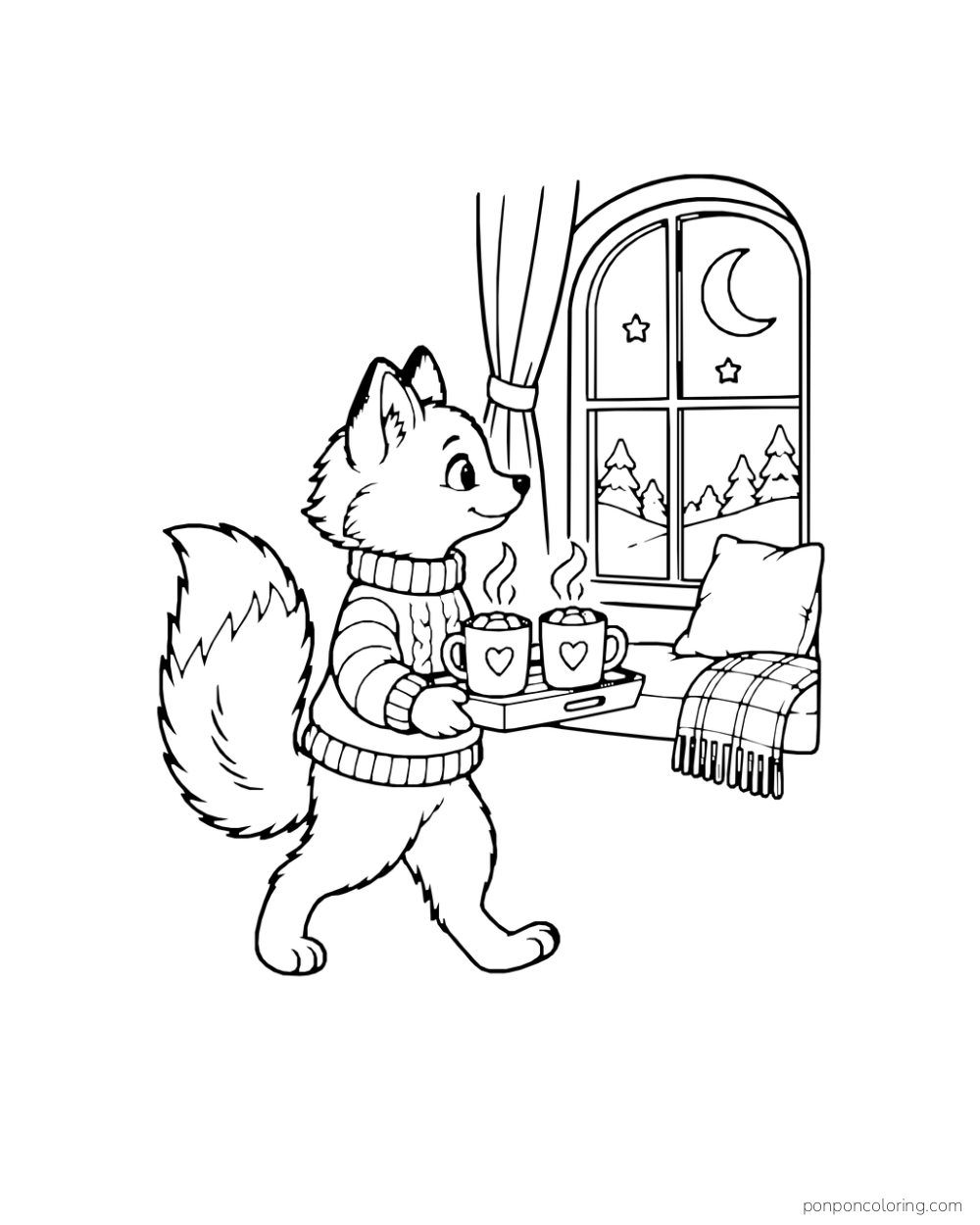 A fox carries a tray with two cocoa mugs toward a cushioned moonlit window nook.