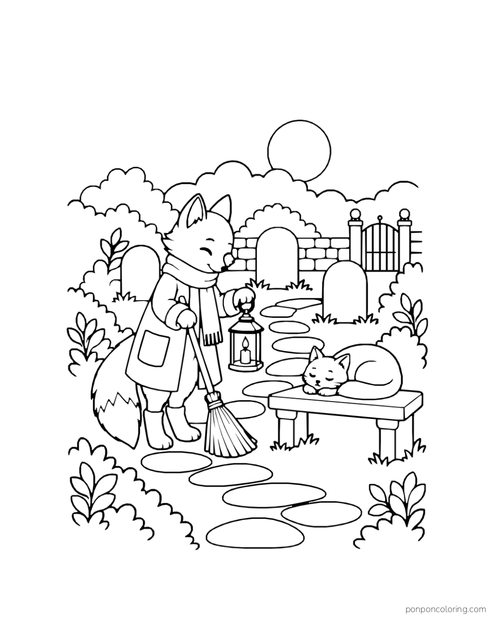 A fox caretaker sweeps a stone path by three blank rounded gravestones while holding a lantern; a cat naps on a bench below the moon.
