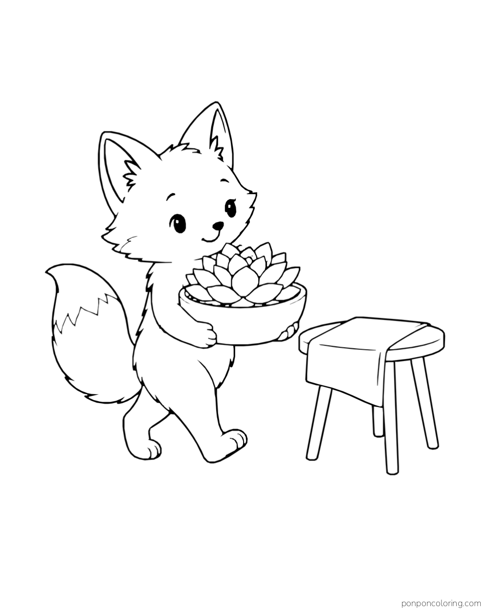 Fox carrying a shallow pot with a layered succulent rosette toward a small table with folded cloth.