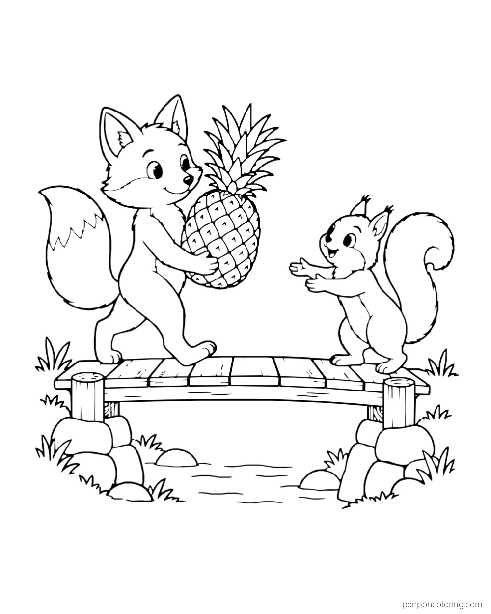Fox carrying a whole pineapple across a short plank bridge toward a waiting squirrel.
