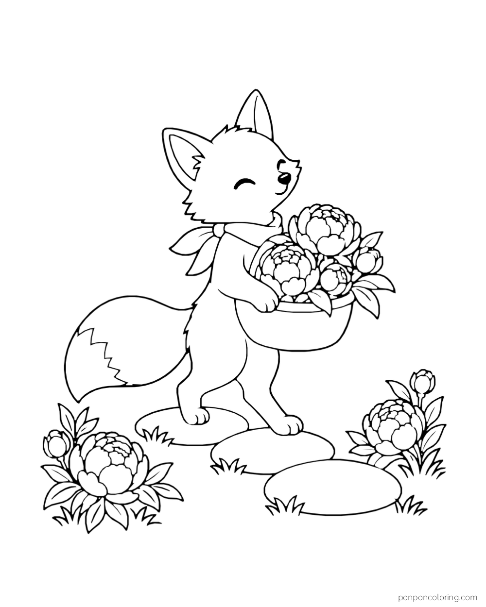 A fox wearing a neckerchief carries a bowl of peonies across three stepping stones.
