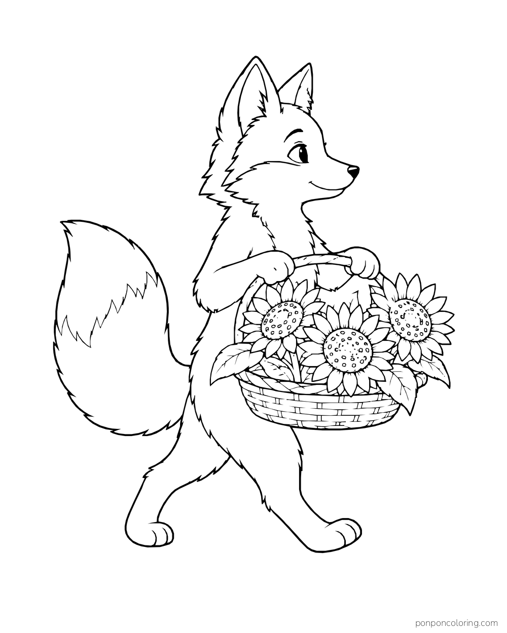 A fox walking with a basket of cut sunflowers held in both paws.