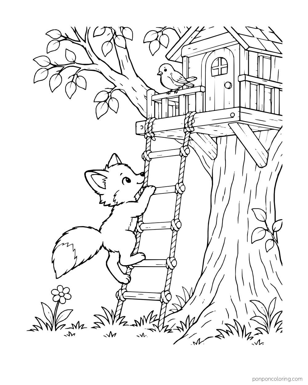 A fox climbs a rope ladder toward a treehouse porch where a robin perches on the rail.