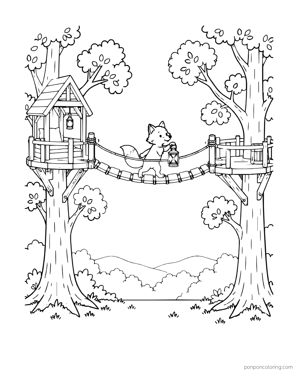 A fox carries a lantern across a rope bridge linking two separate tree platforms.
