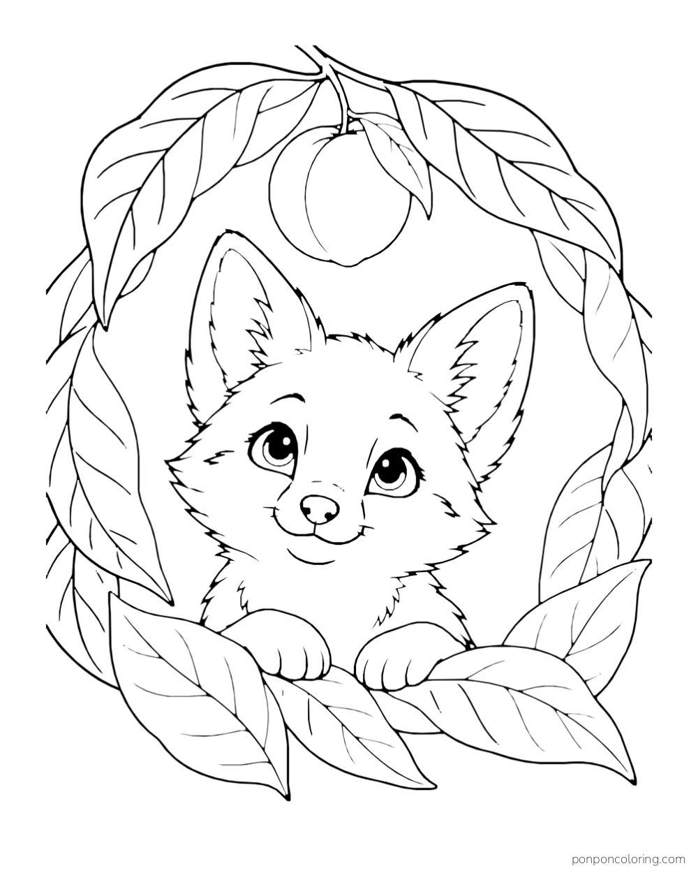 Fox cub peeking through a ring of broad leaves with one peach overhead.