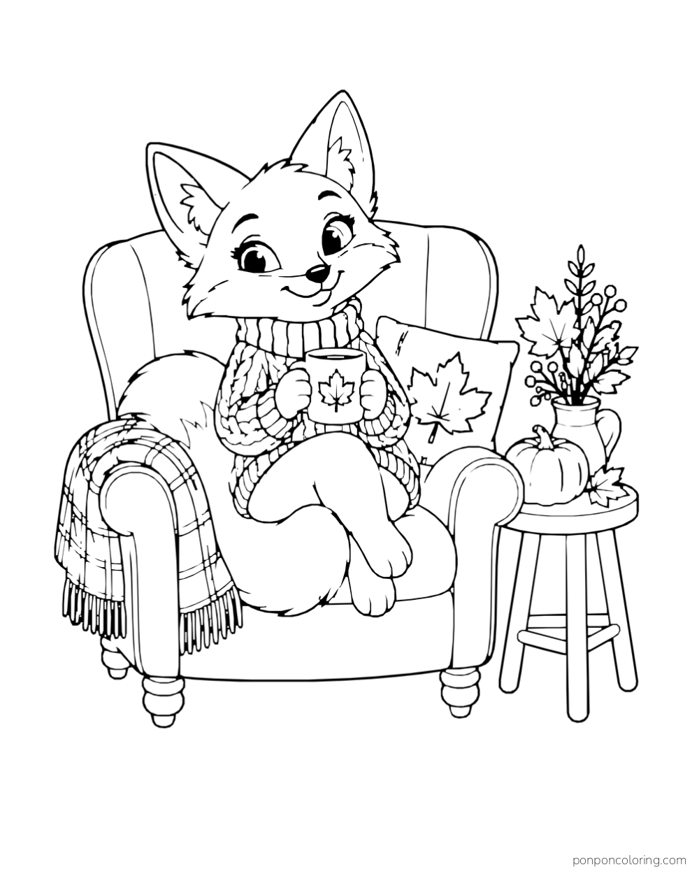 A fox in a knitted sweater holds a maple-leaf mug in an armchair beside a pumpkin and a vase of fall leaves.