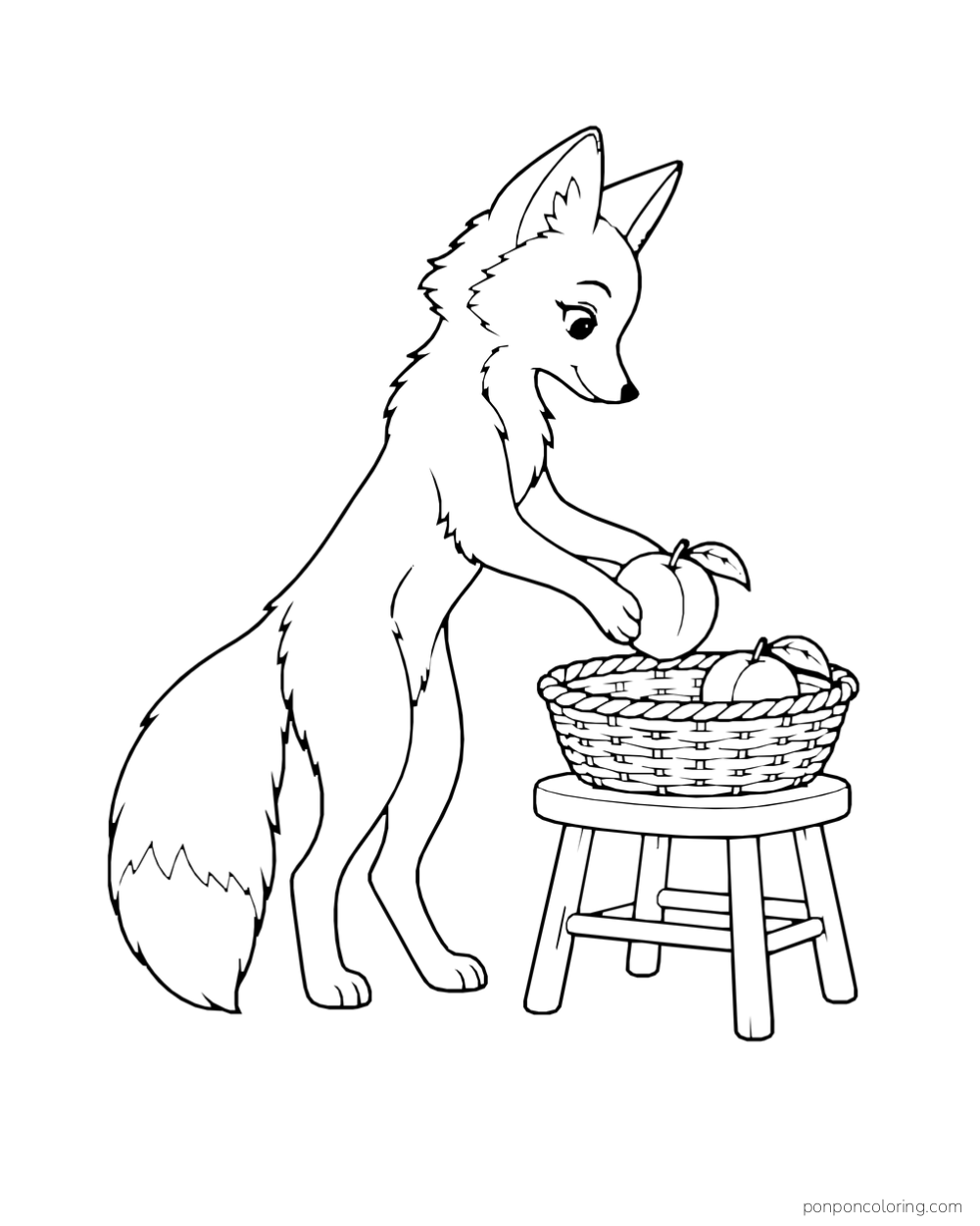 Fox placing a peach into a basket on a stool.