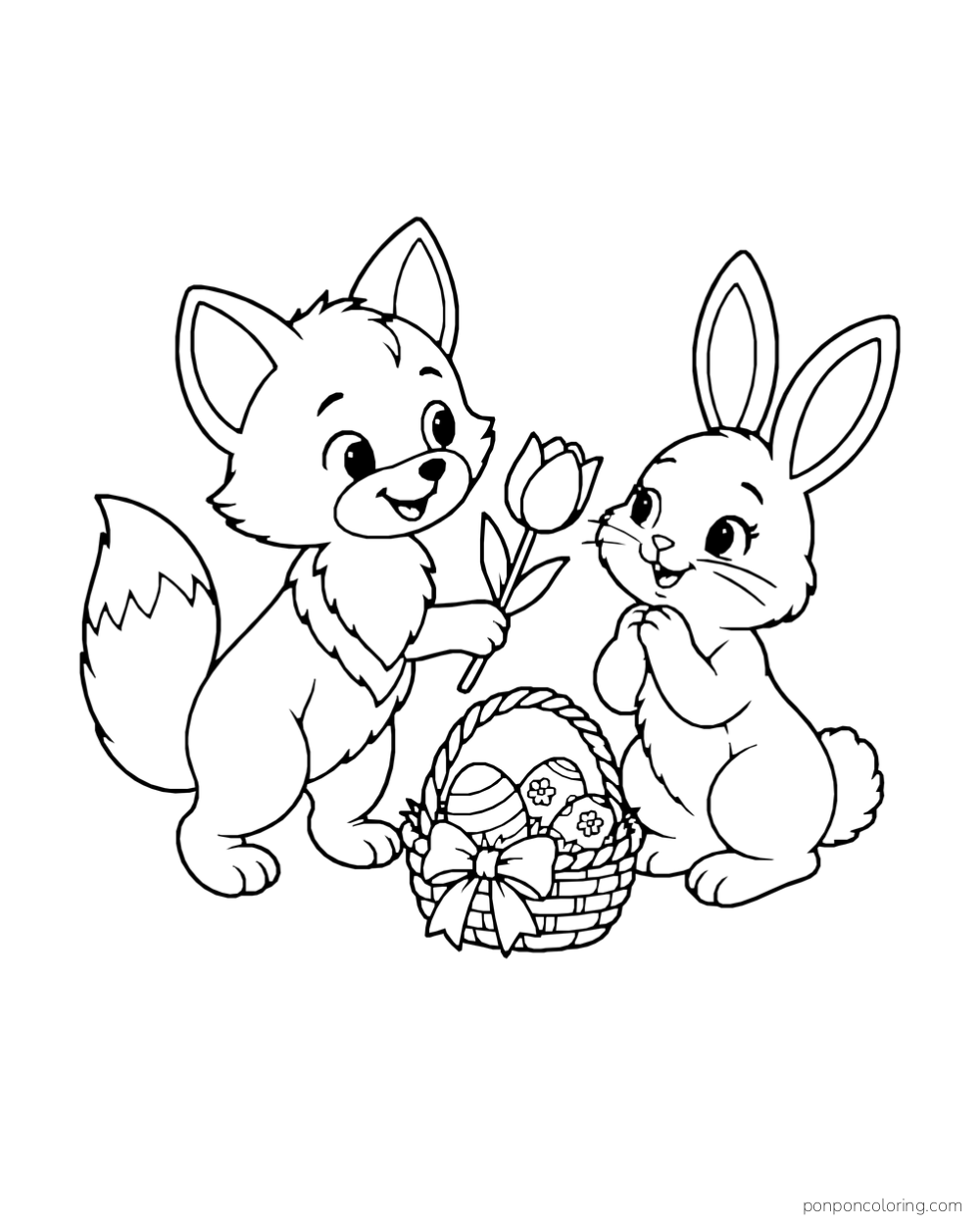 A smiling fox offers a tulip to a rabbit beside a ribboned basket of Easter eggs.