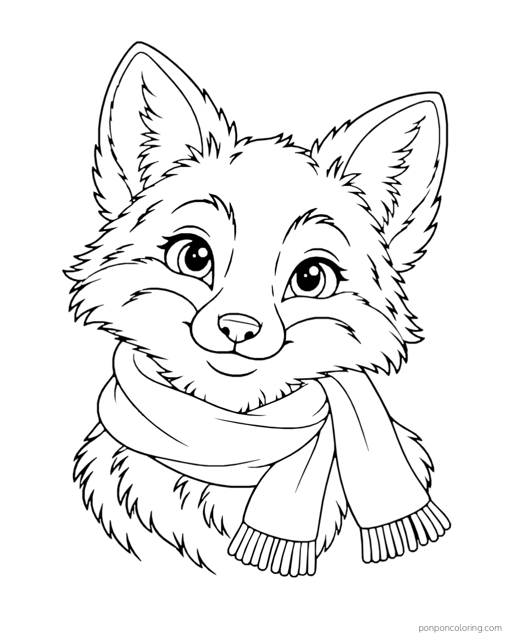 A close view of a fox face and chest framed by a loose scarf.