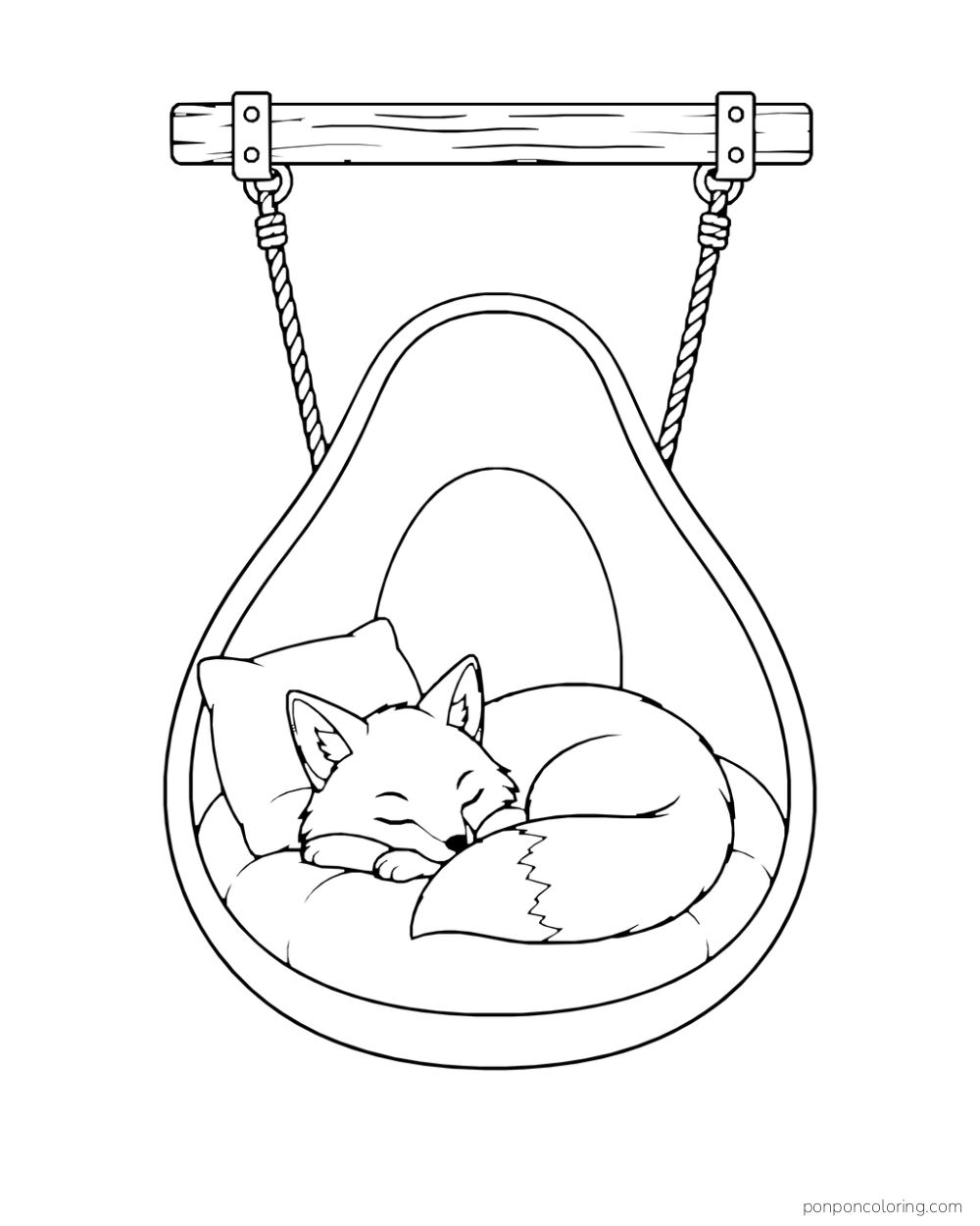 A sleeping fox curls inside an avocado-shaped hanging chair suspended from a short porch beam.