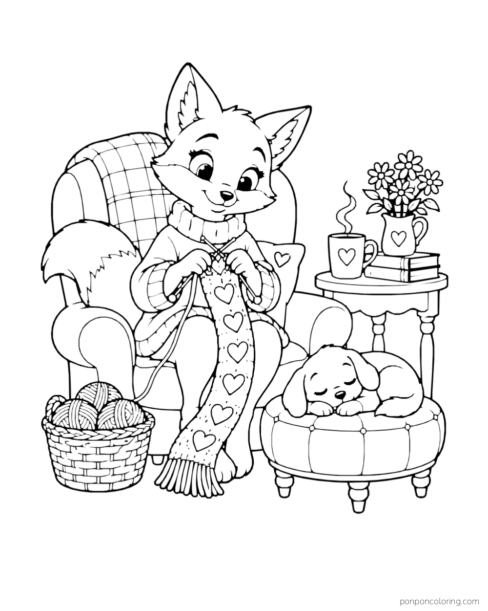 A fox knits a heart-patterned scarf while a puppy sleeps on a round footstool.