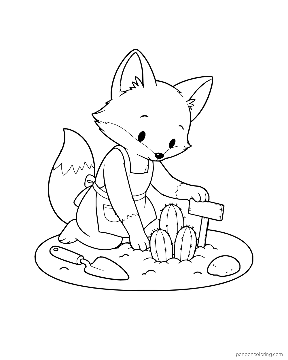A fox holds a blank plant label beside three small cacti planted in soil.
