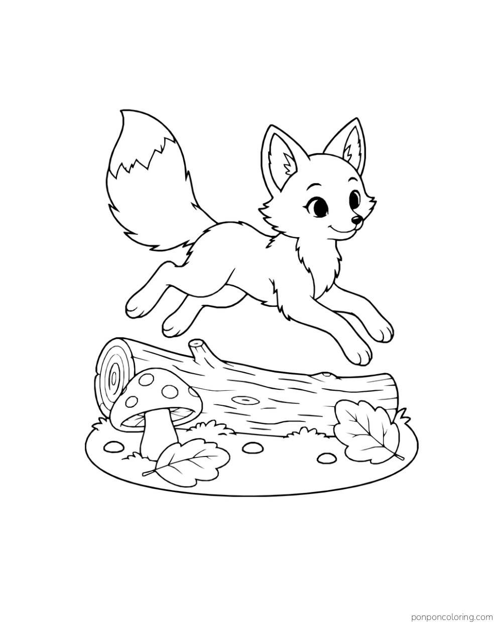 A young fox leaping over a fallen log beside a spotted mushroom, two leaves, and three pebbles.