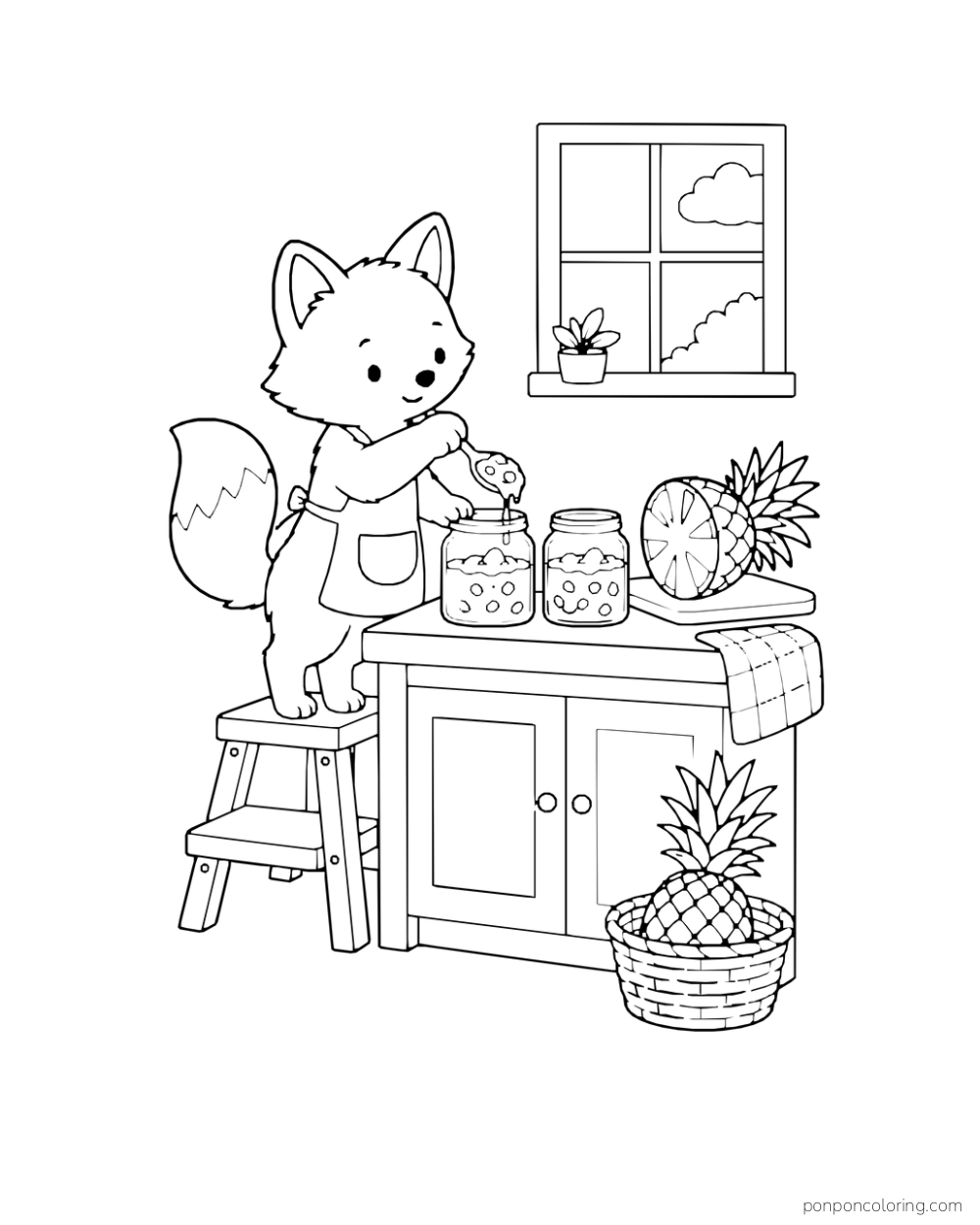 Fox stirring a pot on a counter beside jars, a cut pineapple, and a basket of fruit.