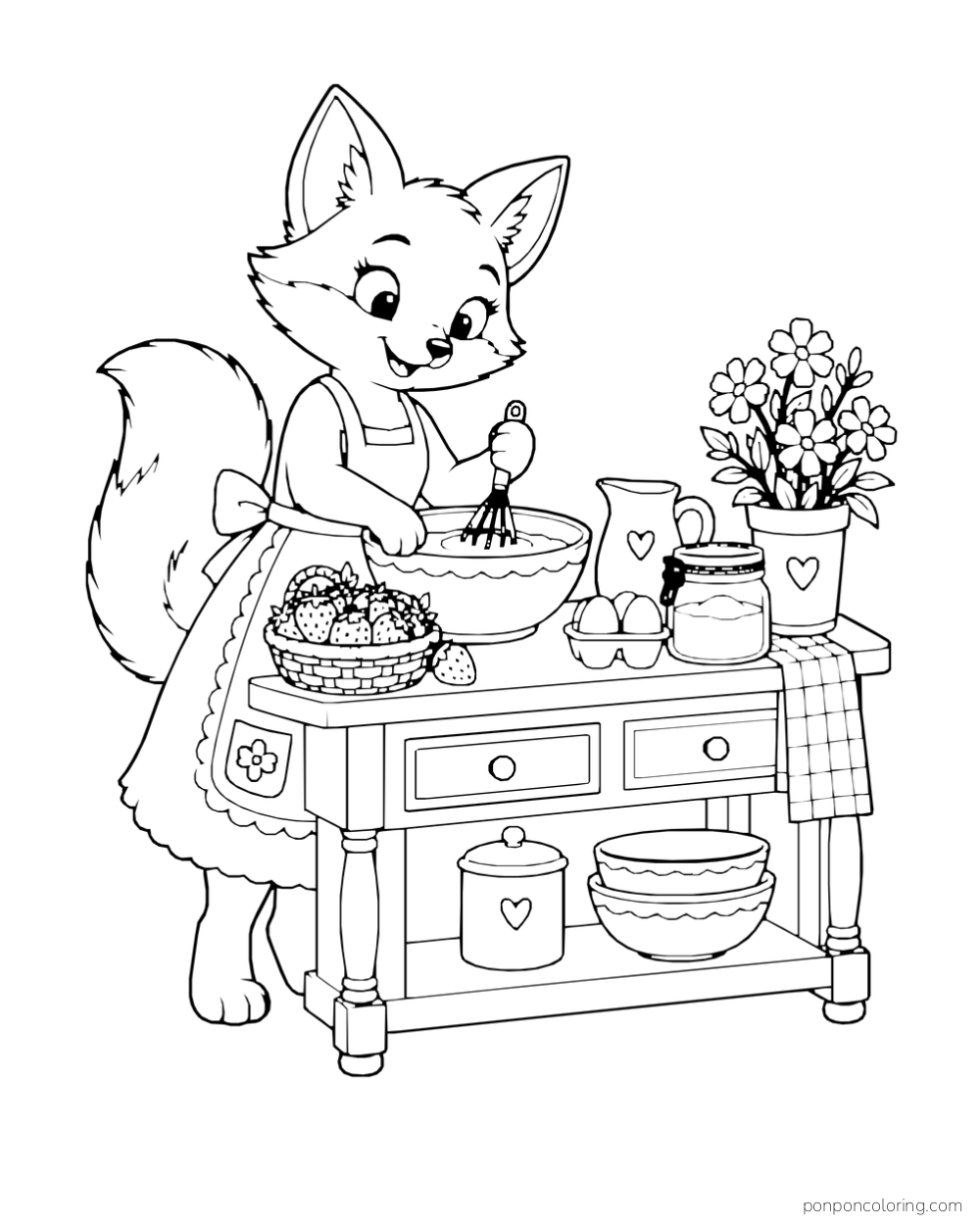 A fox in an apron mixes batter at a kitchen counter beside strawberries and a flowerpot.