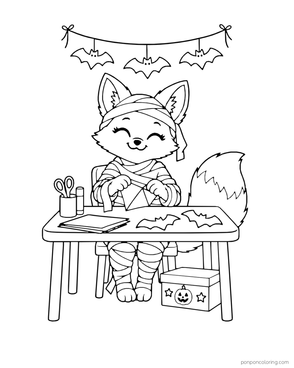 A fox in a loose mummy costume folds paper bats at a craft table beneath a matching garland.