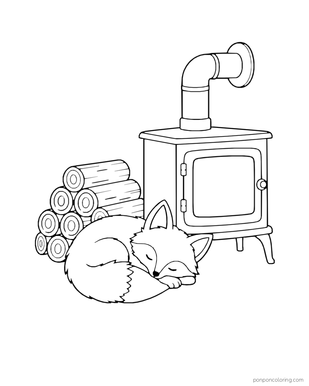 A fox sleeps curled up beside a wood stove and a stack of logs.