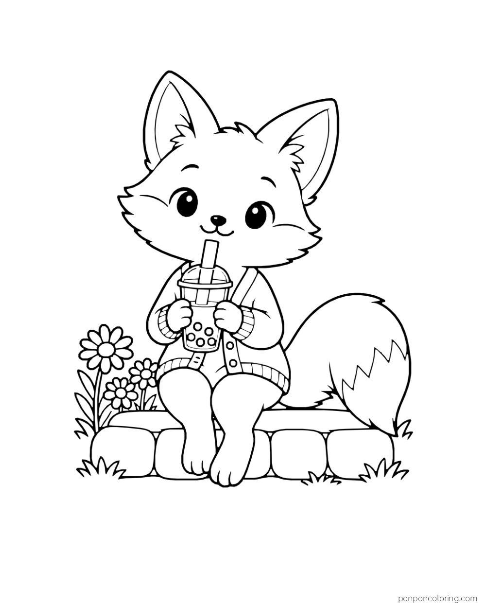 A fox sits on stepping stones sipping boba beside a flower.