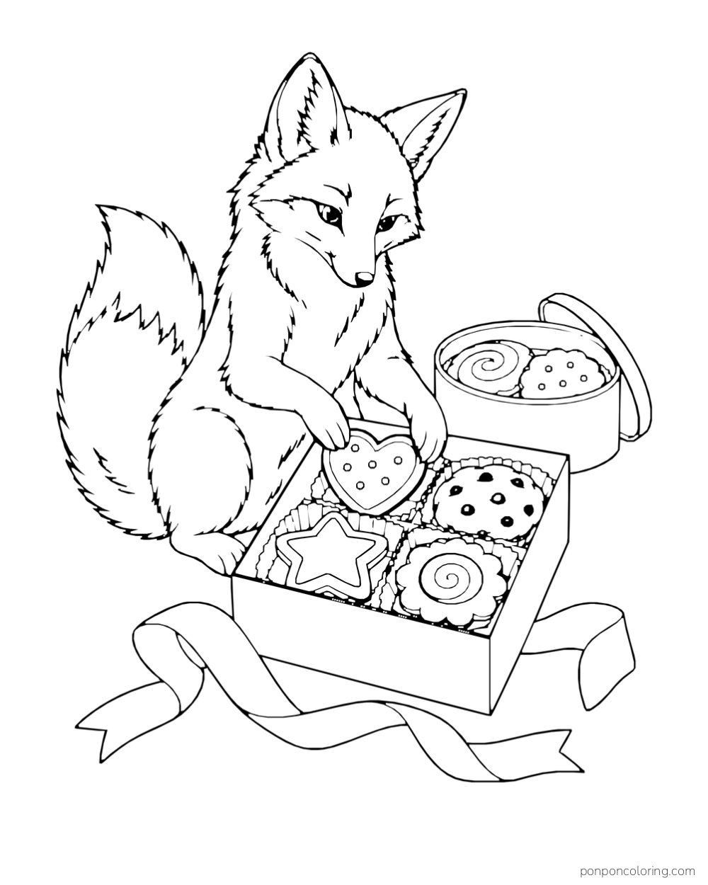 A fox packs decorated cookies into an open gift box with ribbon around it.