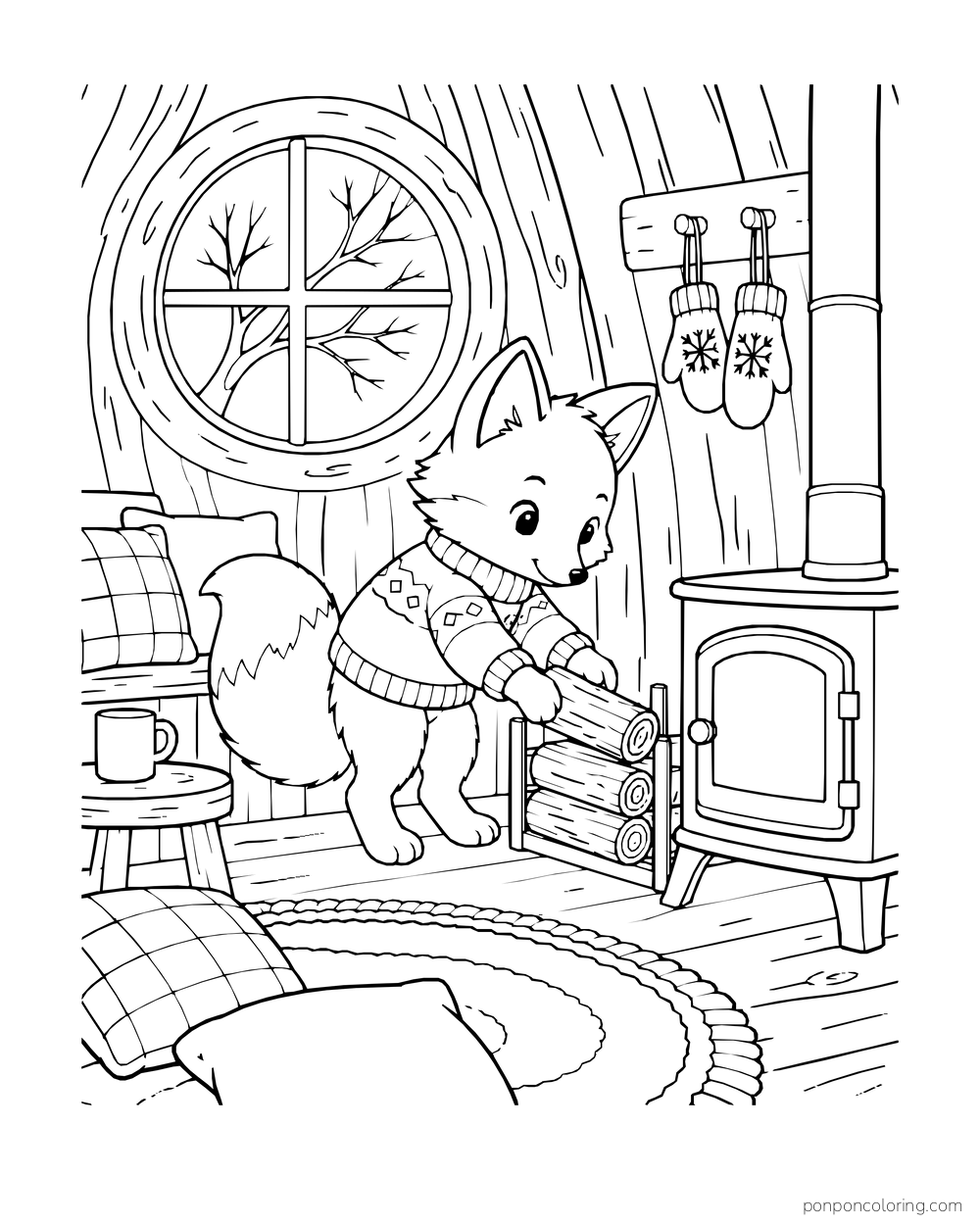 A fox sets logs beside an unlit treehouse stove, with mittens hanging by a round window.
