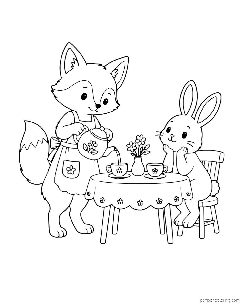 A fox in an apron pours tea at a flower-patterned table while a rabbit waits beside two cups.