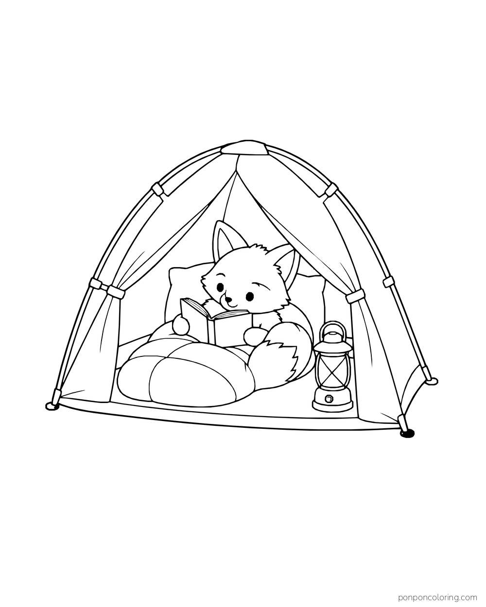 Fox reading a book in a sleeping bag inside a dome tent beside a pillow and camping lantern.