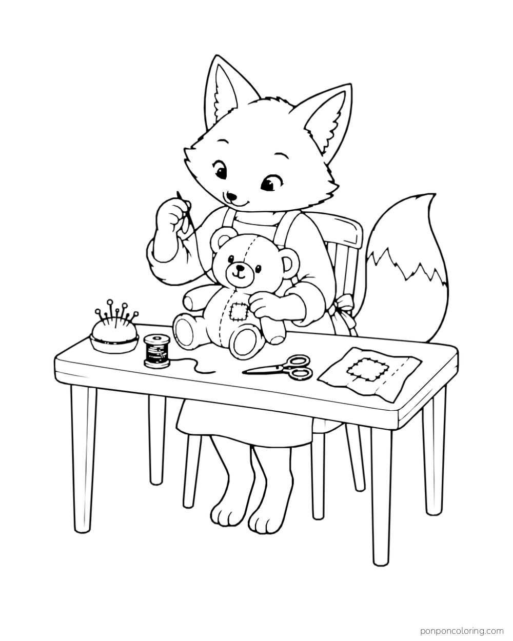 A fox sews a teddy bear at a table with thread, scissors, a pincushion and a fabric patch.
