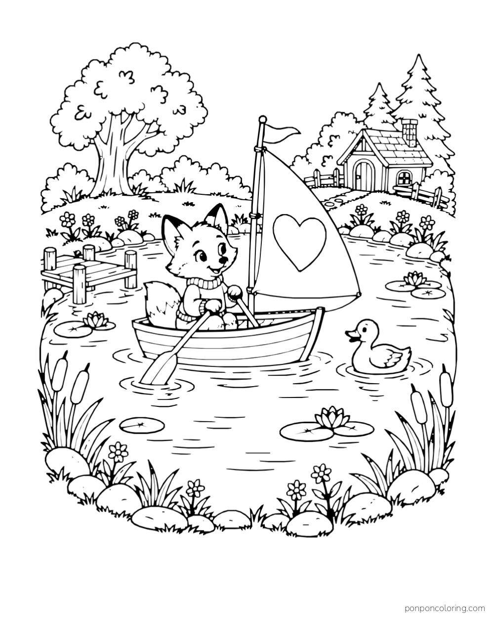 A fox rows a boat with a heart-decorated sail on a pond beside a duck and lily pads.