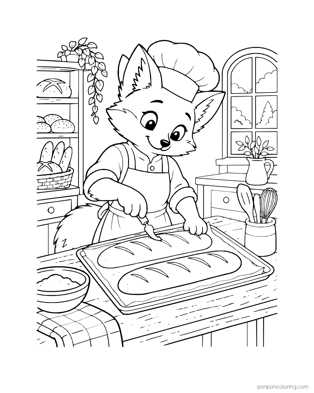 A fox baker scores long cuts across unbaked bread dough on a tray.