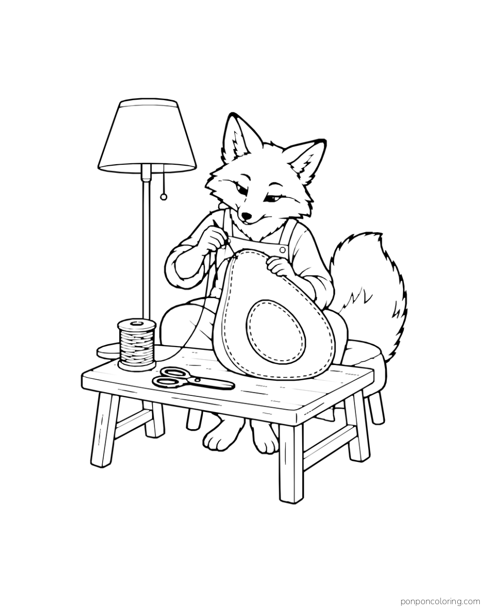 An adult fox sews a large avocado-shaped cushion at a craft table beside a lamp and thread spool.