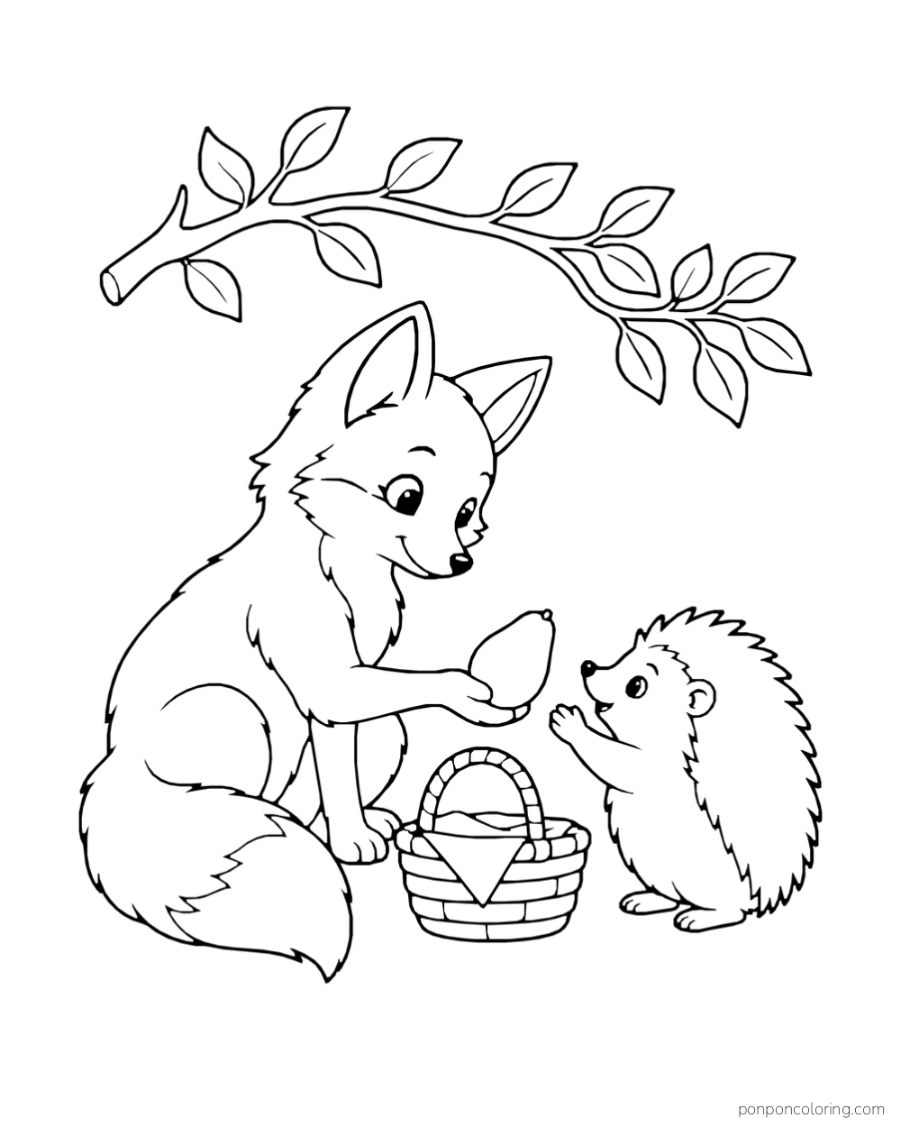 A fox offers one avocado to a hedgehog beside a picnic basket and leafy branch.
